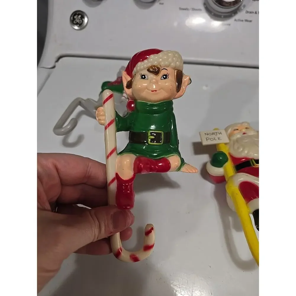 Vtg 70s Lot Hard Plastic Shelf Sitters Santa Mouse Elf Hong Kong Stocking Holder